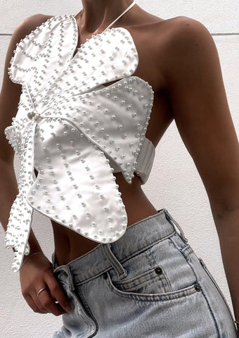 3D Flower Pearl Embellished Halter Top