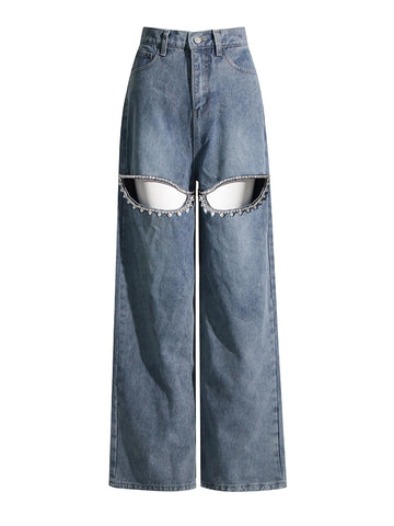 Diamonds Studded Hollow Out Wide Leg Jeans