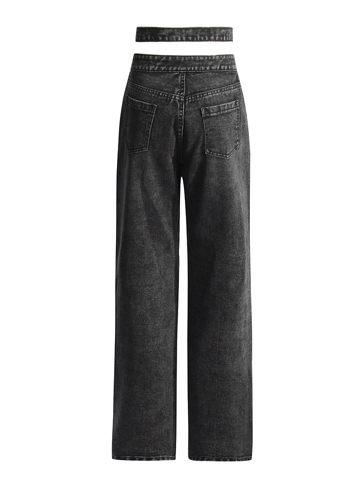 Pantalon décontracté en jean coupe droite avec taille fleurie