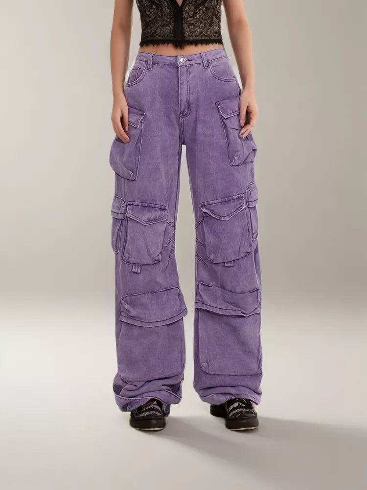 Pantalon cargo en jean avec poches pour taille haute et boutons épissés