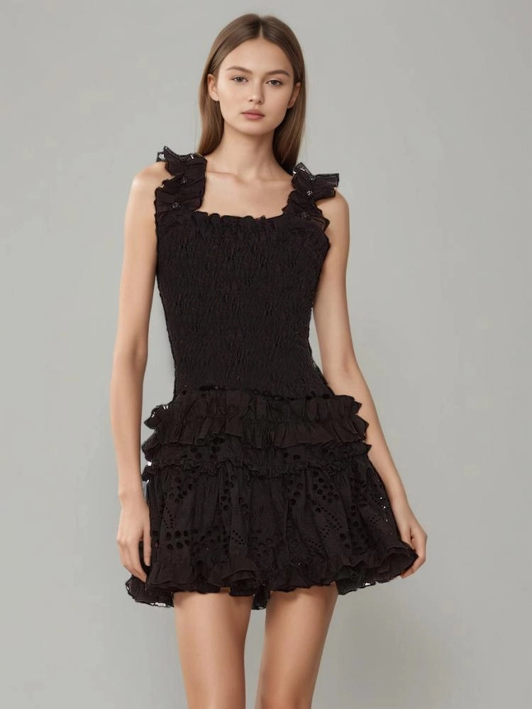 Ruffle Hollow Out Pleated Mini Dresses