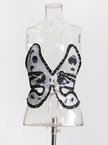 Butterfly Patterned Crystal Decorative Sequin Vest Top