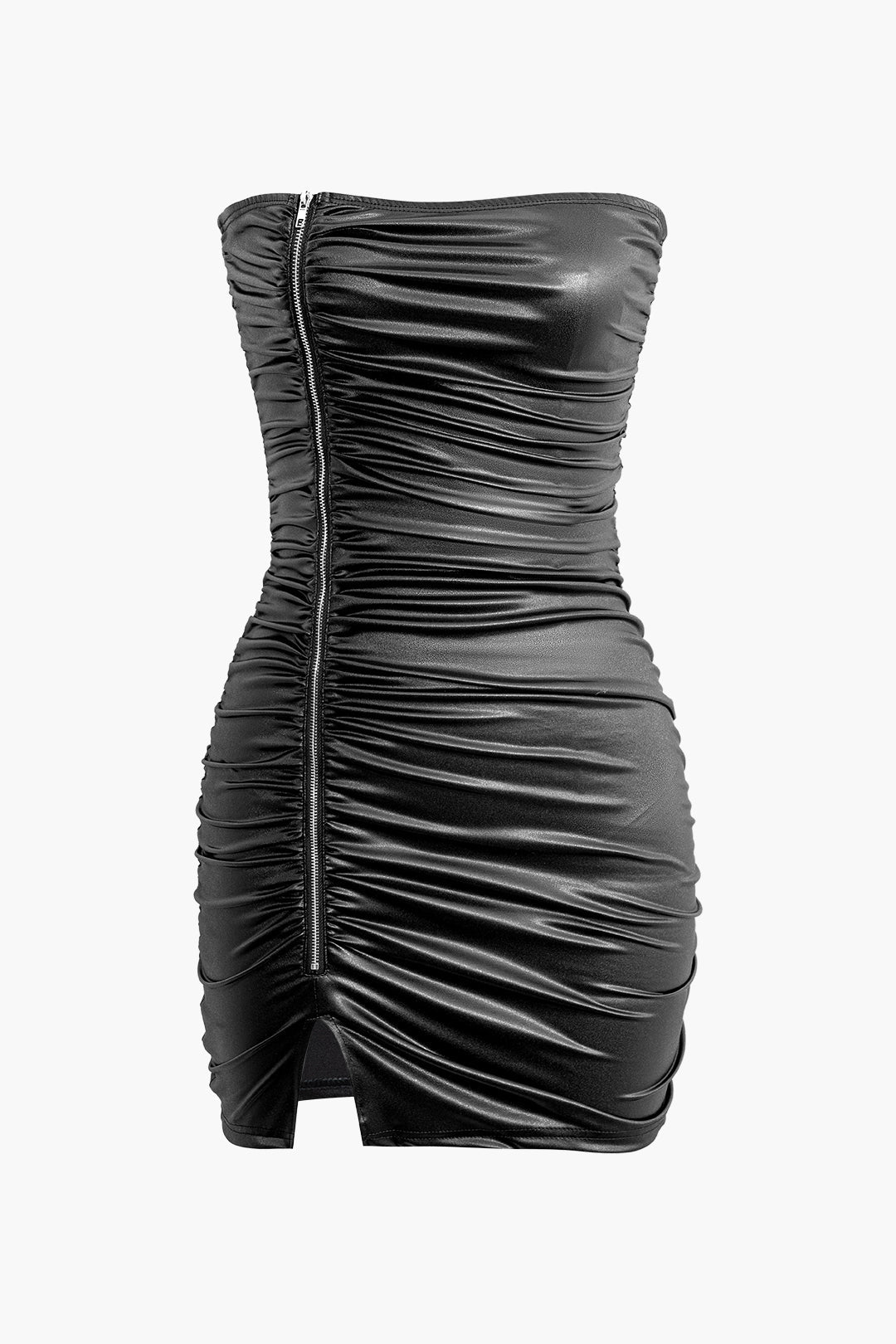 Zipper Ruched Slit Strapless Mini Dress