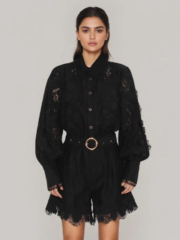 Flip Collar Embroidered Lace Long Sleeve Two Piece Set