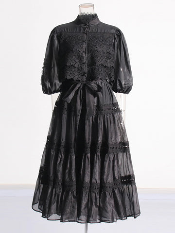 Retro Embroidery Long Sleeve Patchwork Waist Maxi Dress
