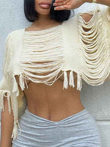 Amara Hollow Out Knitted Tassel Top