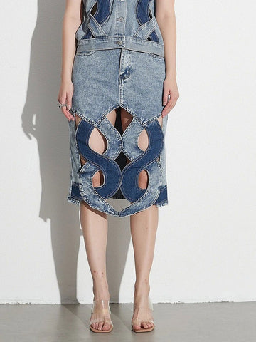 Aster Hollow Out Casual Denim Skirt