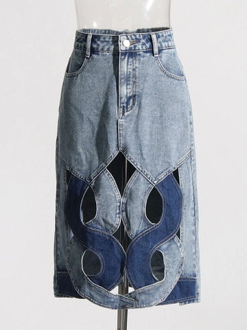 Aster Hollow Out Casual Denim Skirt