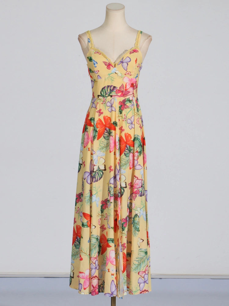 Strapless Printing Hem Slit Maxi Dresses