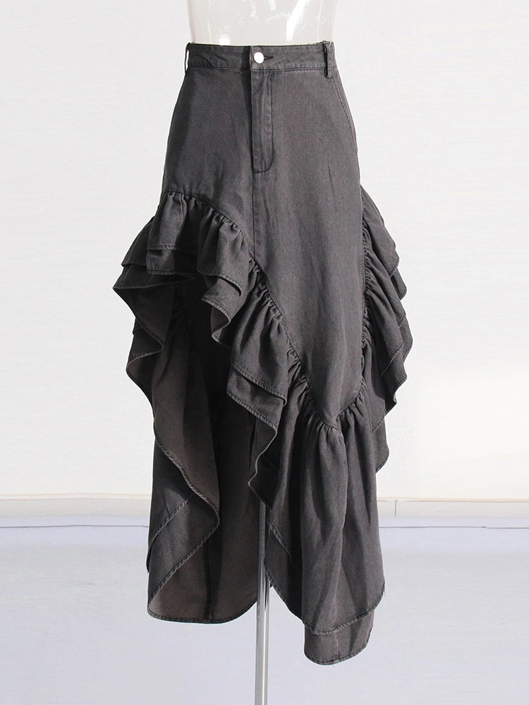 Irregular Ruffled Hem Pleated Skirt