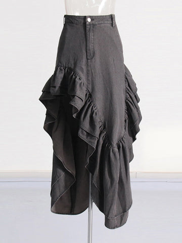 Irregular Ruffled Hem Pleated Skirt