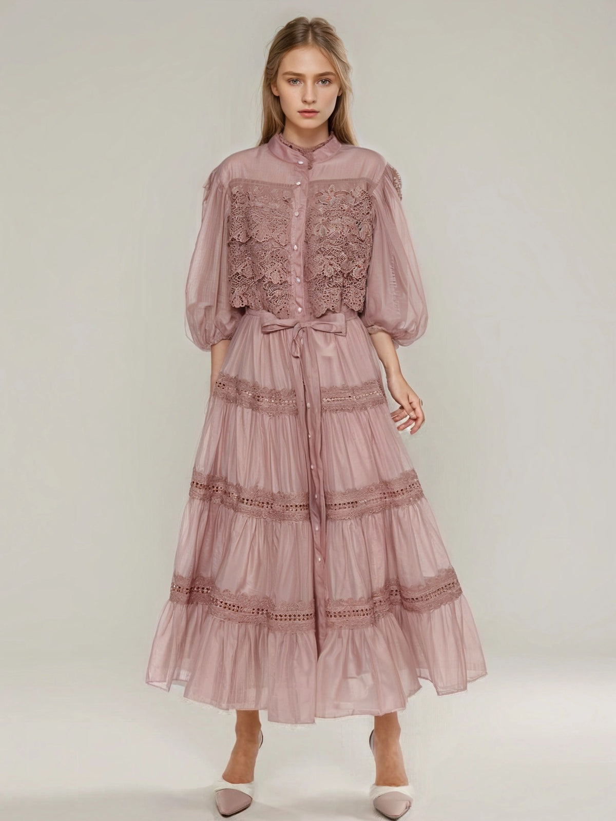 Retro Embroidery Long Sleeve Patchwork Waist Maxi Dress