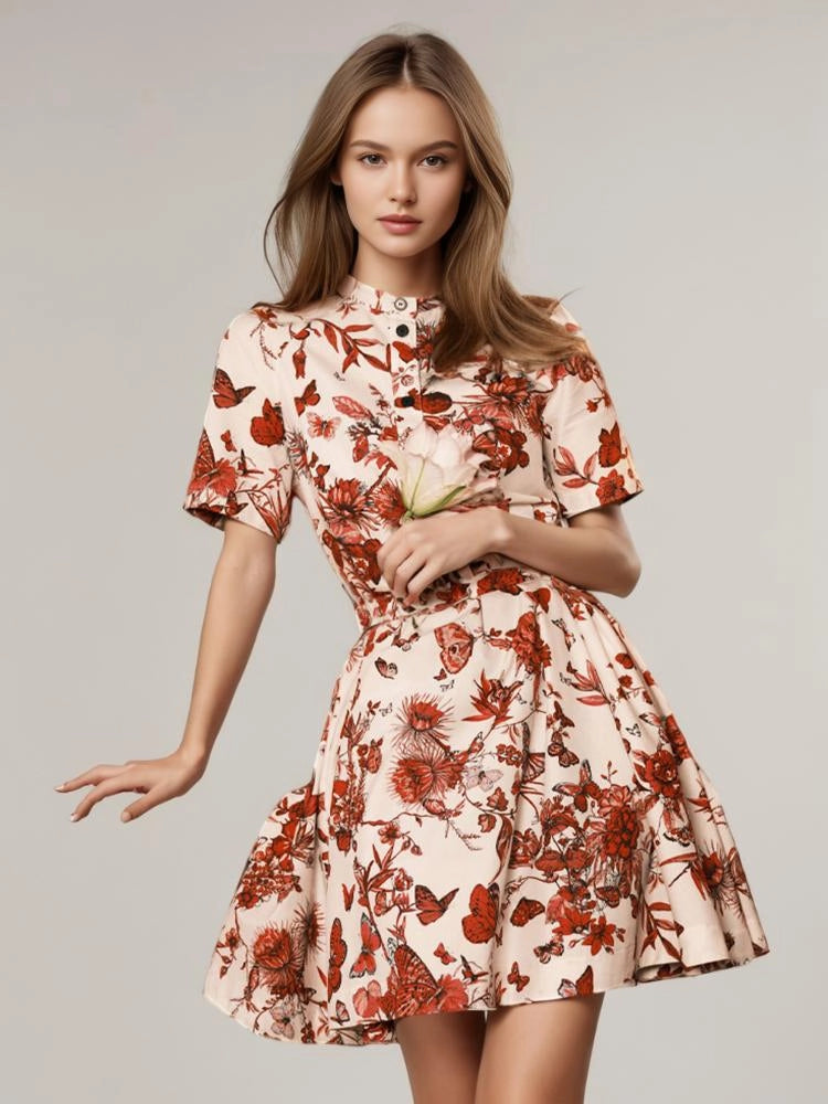 Floral Butterfly Print A Line Mini Dress