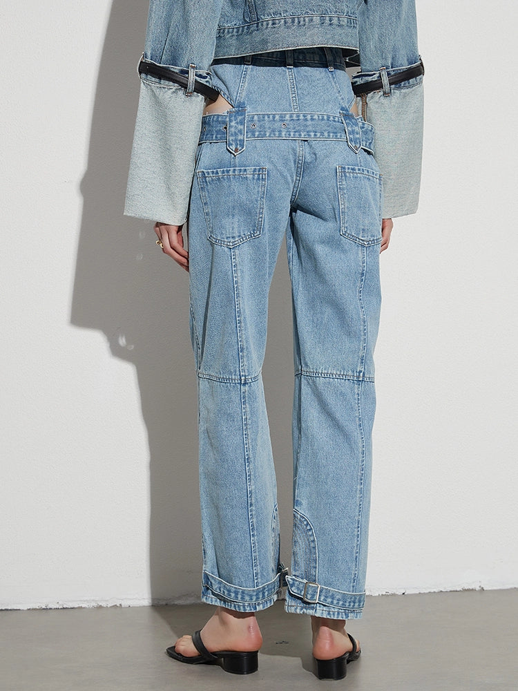 Pantalon en jean à jambe large avec ceinture pour bouton épissé creux