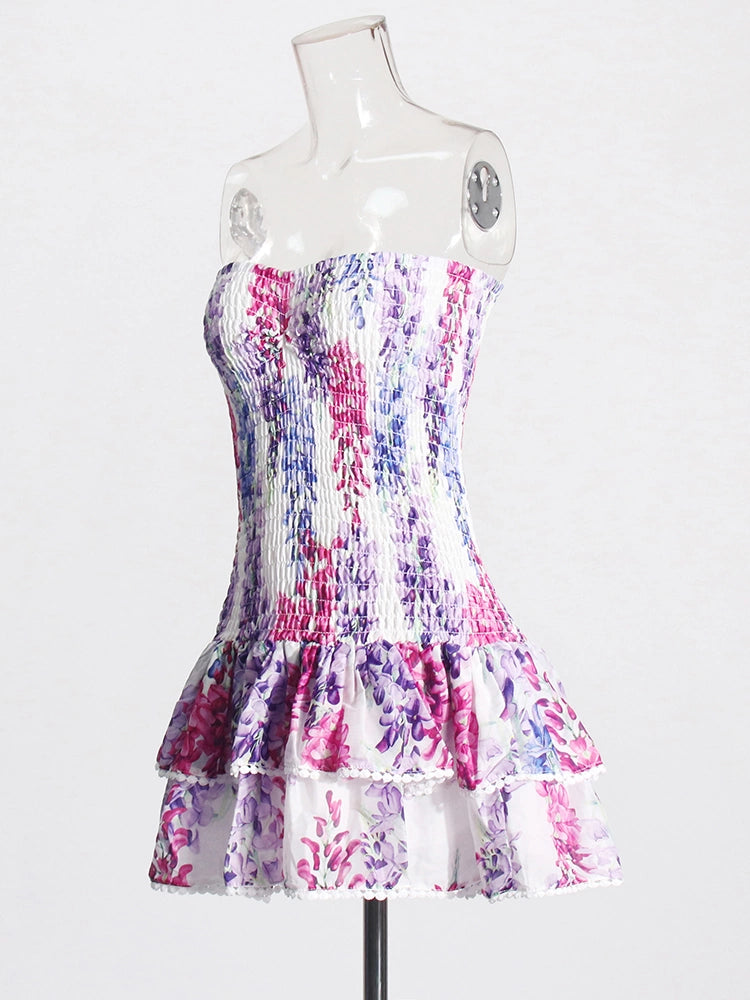 Printing Strapless Ruffled Flower Mini Dresses