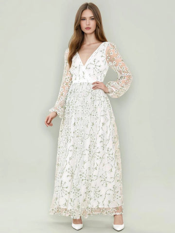 Lace Embroidered Printing Long Sleeve Maxi Dress