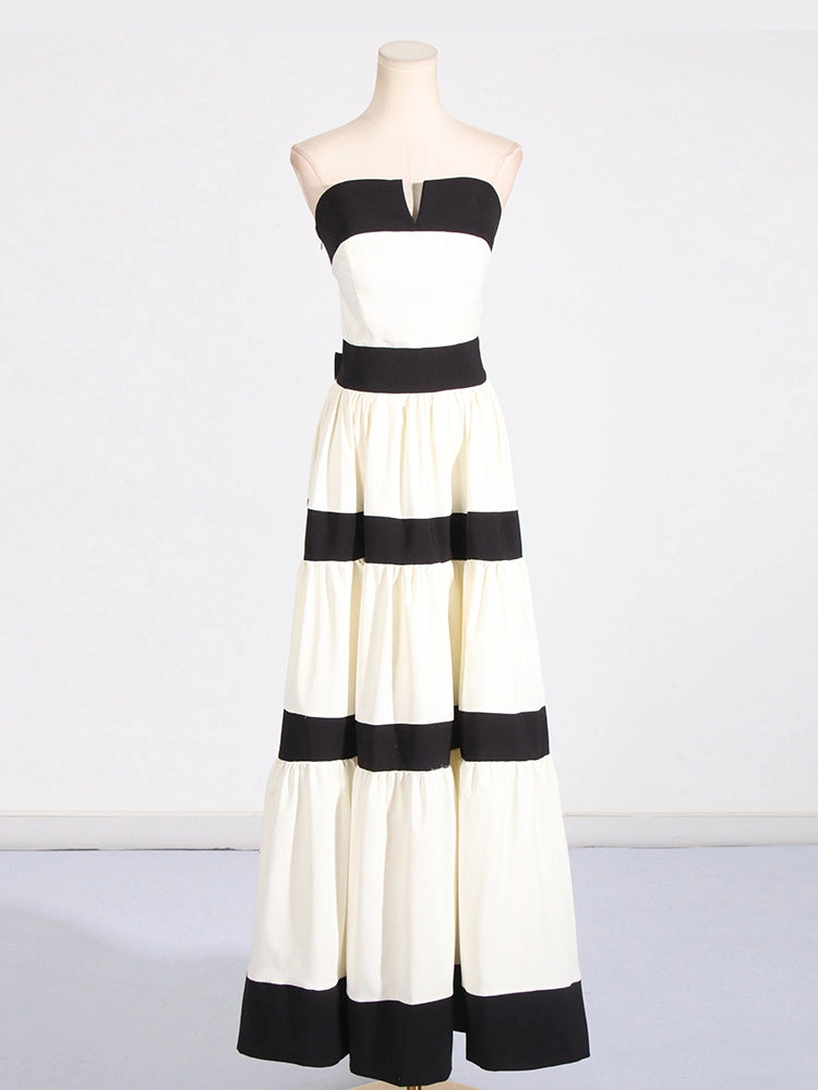 Strapless Striped Bow Decorated Maxi Dresses