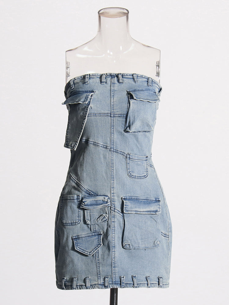 Pocket Denim Strapless Dress