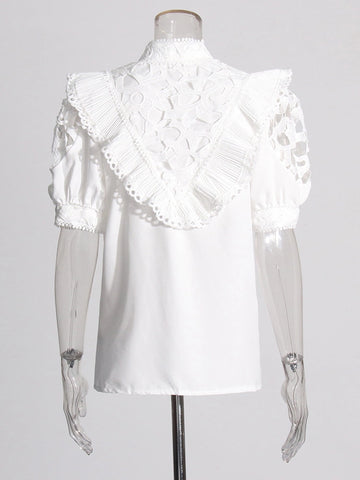 Embroidered Hollow Ruffle Short Sleeve Shirt
