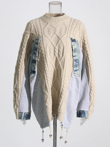 Pull patchwork en denim abricot avec cordon de serrage