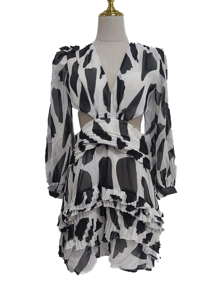 V Neck Printed Latern Sleeve Hollow Out Mini Dress