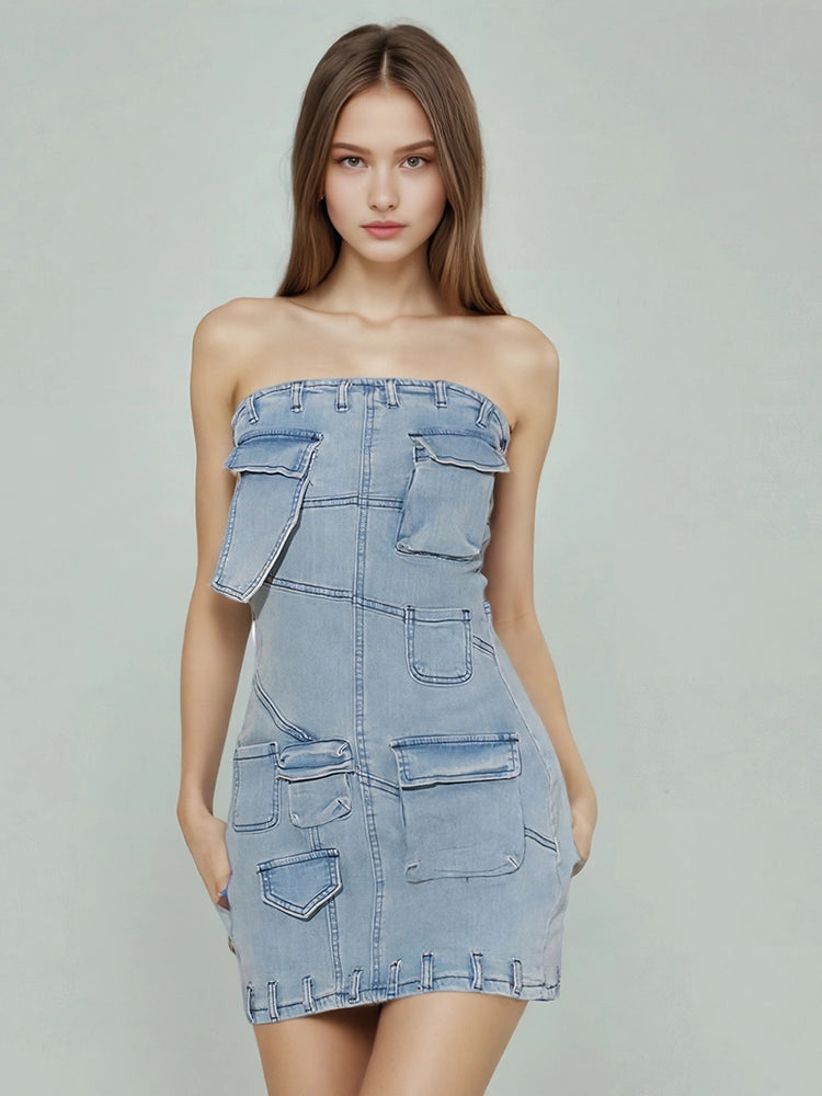 Pocket Denim Strapless Dress