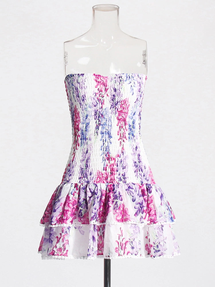 Printing Strapless Ruffled Flower Mini Dresses