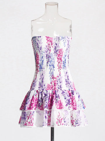 Printing Strapless Ruffled Flower Mini Dresses