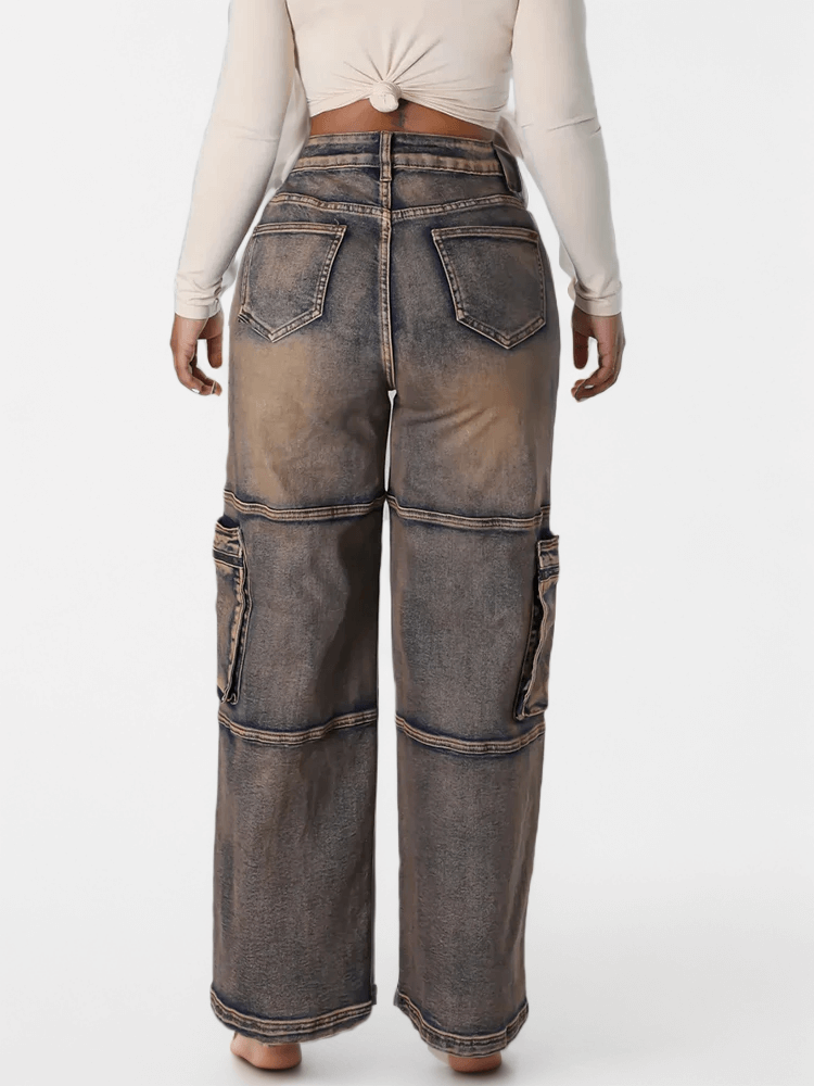 Pockets Denim Trousers For High Waist Spliced Straight Jeans