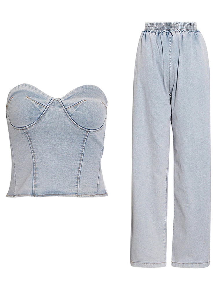Sleeveless Denim Two Piece Set Strapless Blue