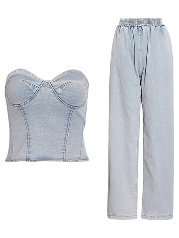 Sleeveless Denim Two Piece Set Strapless Blue