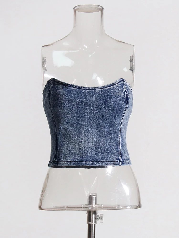 Denim Solid Vest Strapless Sleeveless Slim Backless