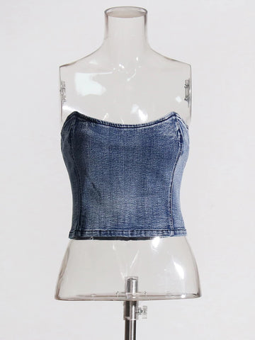 Denim Solid Vest Strapless Sleeveless Slim Backless