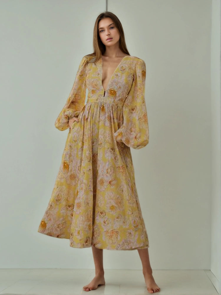 Deep V Neck Latern Sleeve Yellow Printing Dresses