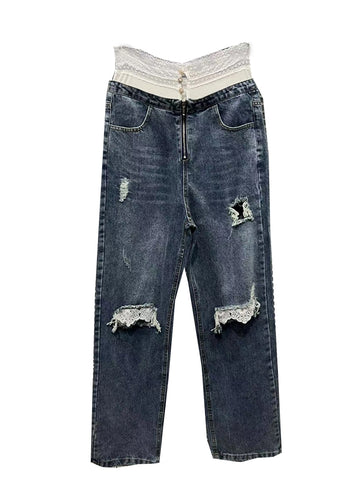 Jeans mit hoher Taille und zerrissenem Spitzenrand