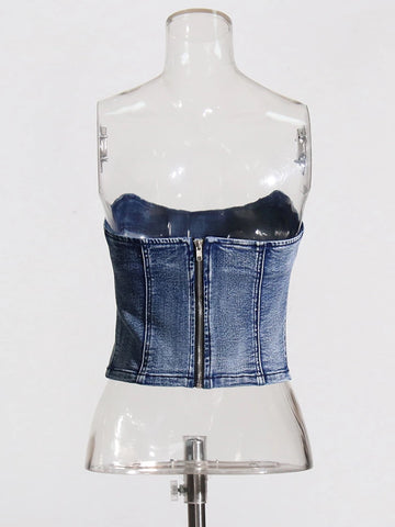 Denim Solid Vest Strapless Sleeveless Slim Backless