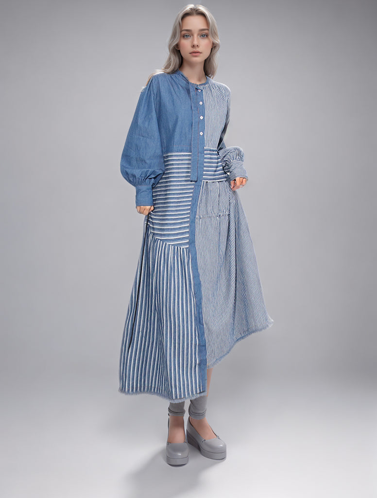 Robe longue en denim à rayures et patchwork