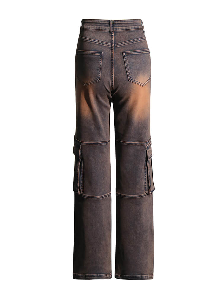 Pockets Denim Trousers For High Waist Spliced Straight Jeans