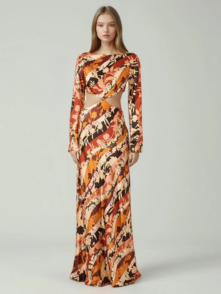 Printed Round Neck Hollow Long Sleeve Dress