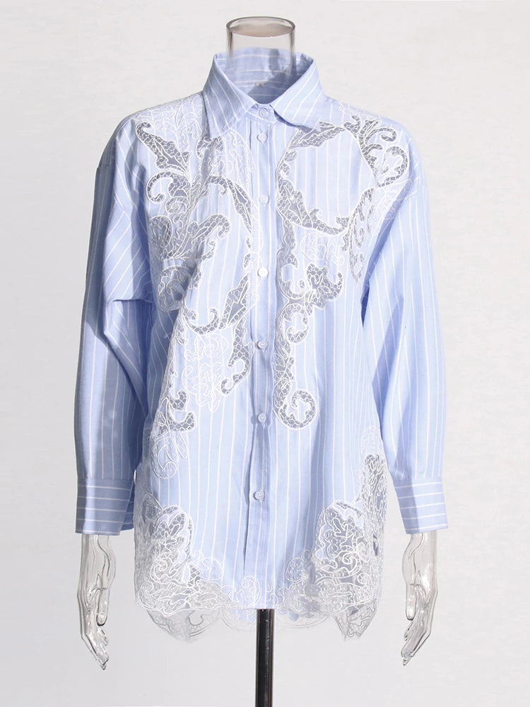 Striped Spliced Lace Elegant Blouse