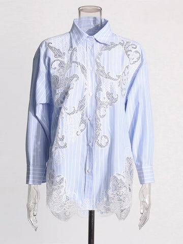 Striped Spliced Lace Elegant Blouse