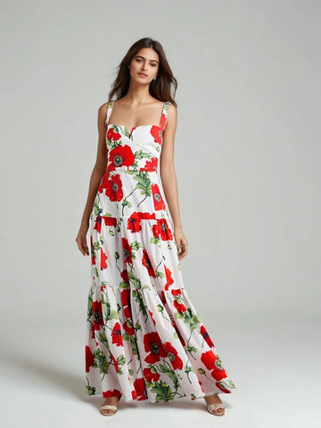 Red Printed Strap Maxi Dress