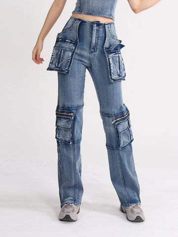 Stereoscopic Pocket Straight Jeans