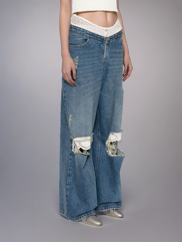 Lace Patchwork Waist Fur Tassel Wide Leg Jeans