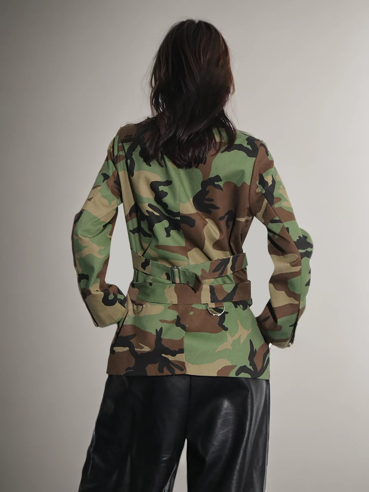 Camouflage Belt Blazers For Womer Long Sleeve Spliced Button