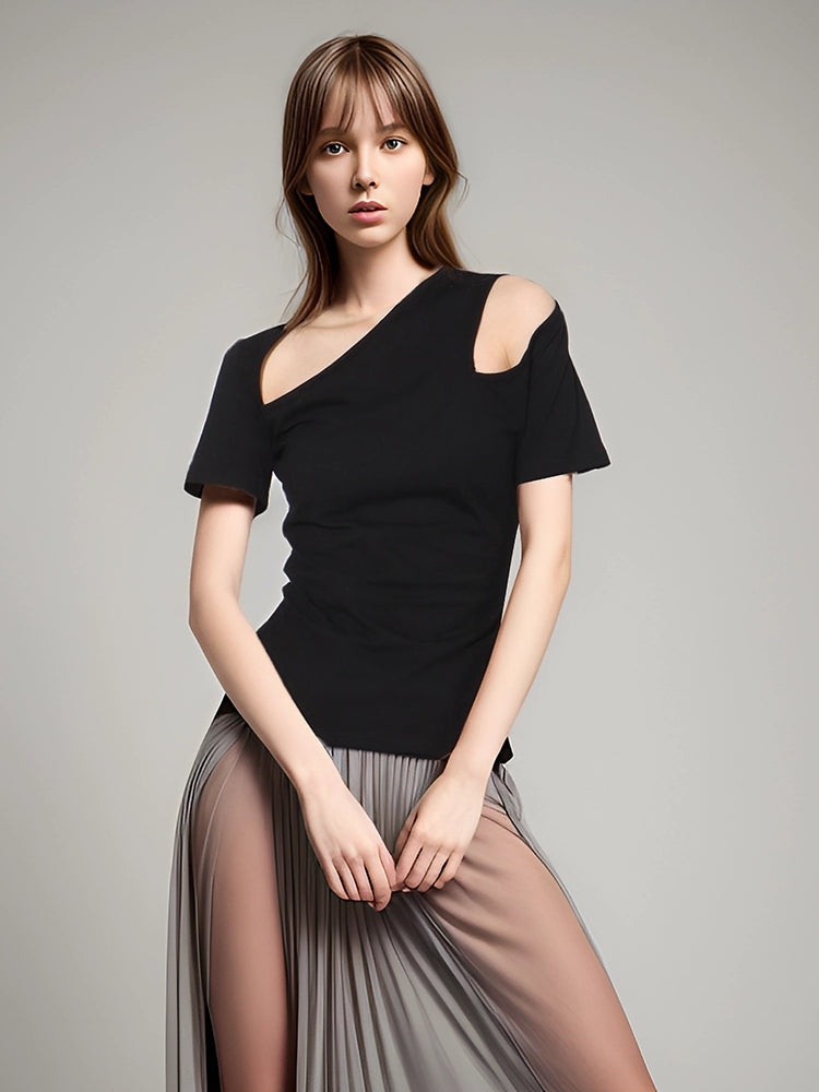 Design Inspired Diagonal Shoulder Hollow Short Sleeve T-shirt