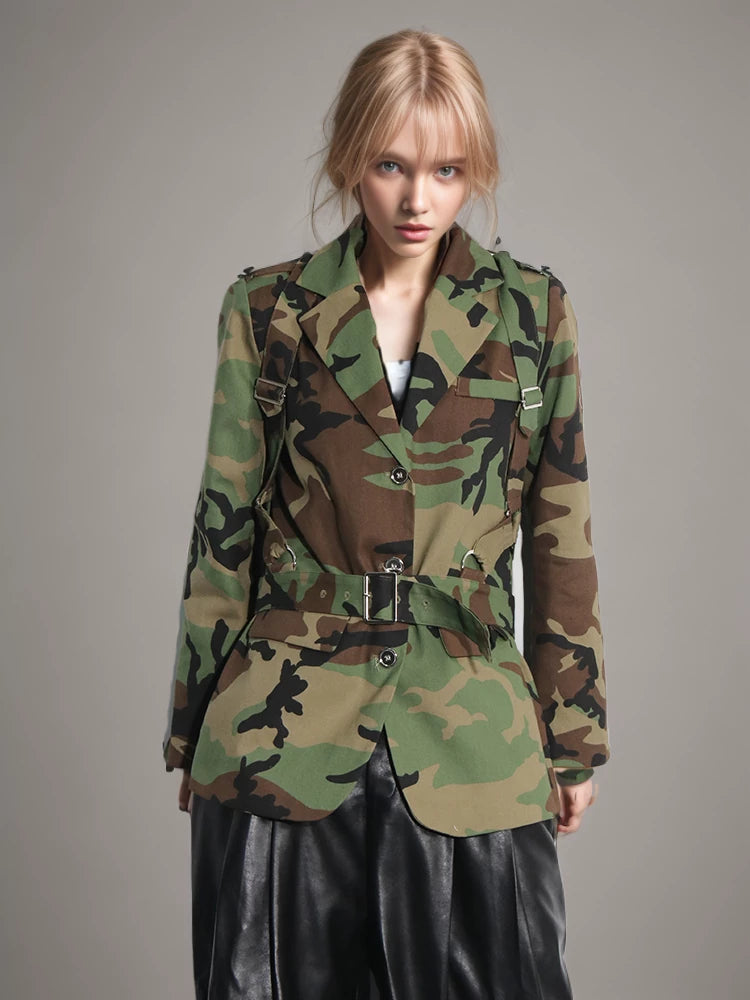 Camouflage Belt Blazers For Womer Long Sleeve Spliced Button