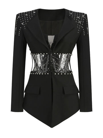 Hollow Out Waist Diamond Long Sleeve Two Piece Set