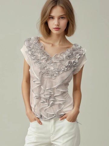 V Neck Short Sleeve Lace T-shirt