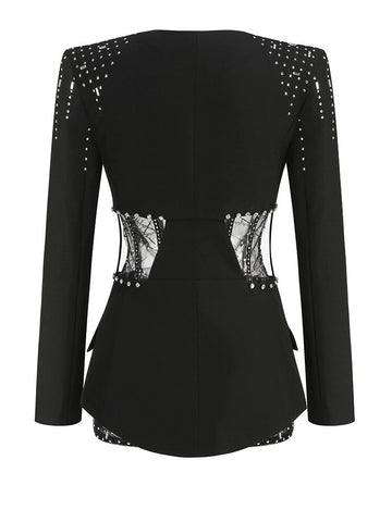 Hollow Out Waist Diamond Long Sleeve Two Piece Set